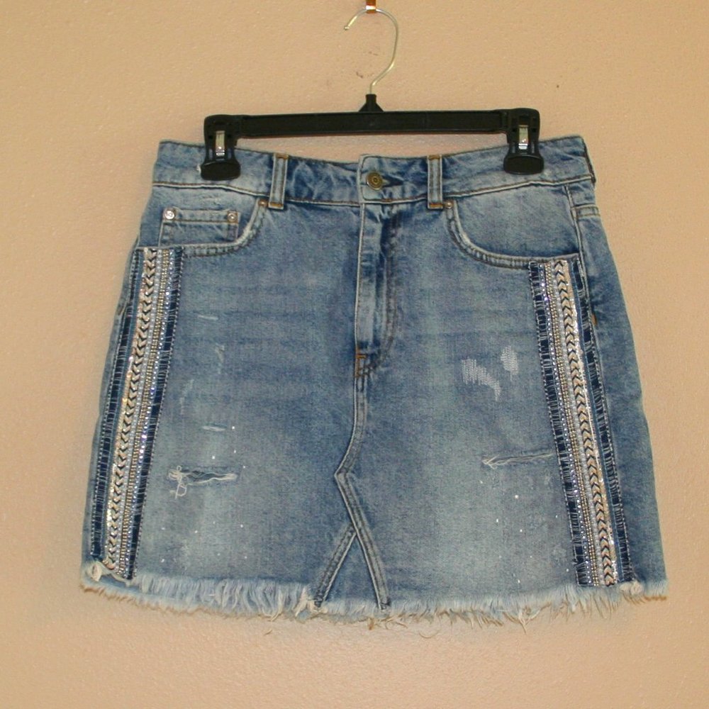 Free People Jean Skirt size 6 Beaded sequin pearl jeweled Frayed Distressed